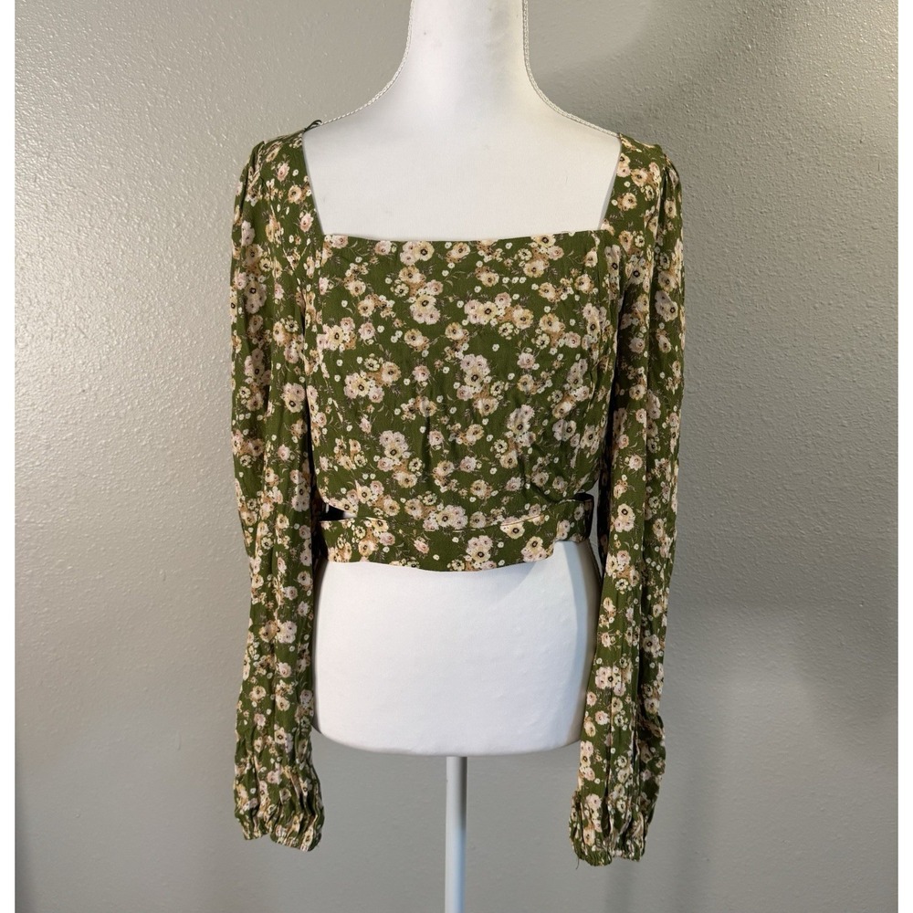 NWT Elodie Floral Cutout Puff Sleeve Crop Top Green Square Neck Boho, Festival